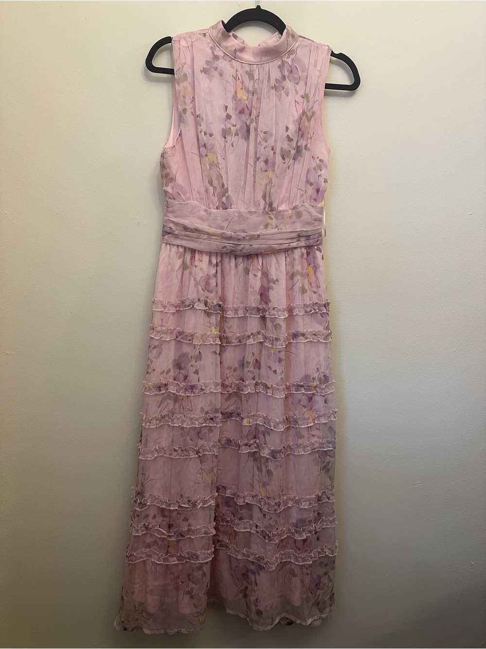 Freesia Pink Floral Chiffon Midi Dress Mock Neck Tie Back Ruffle Tiered Size Med